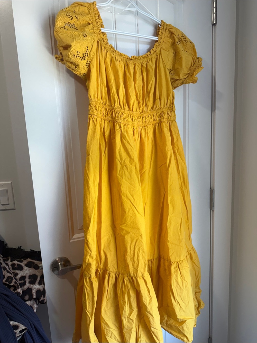 H&M Yellow Puff-Sleeve Eyelet Midi Dress